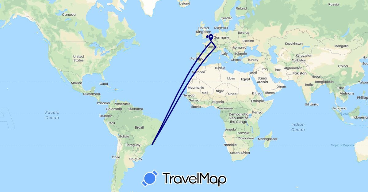 TravelMap itinerary: driving in Brazil, Switzerland, France, United Kingdom (Europe, South America)